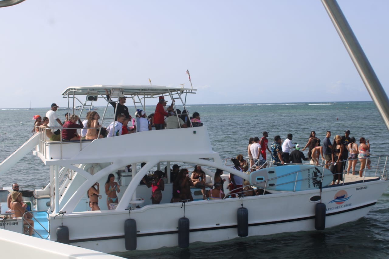 Two-level party boat cruising off the Punta Cana coast