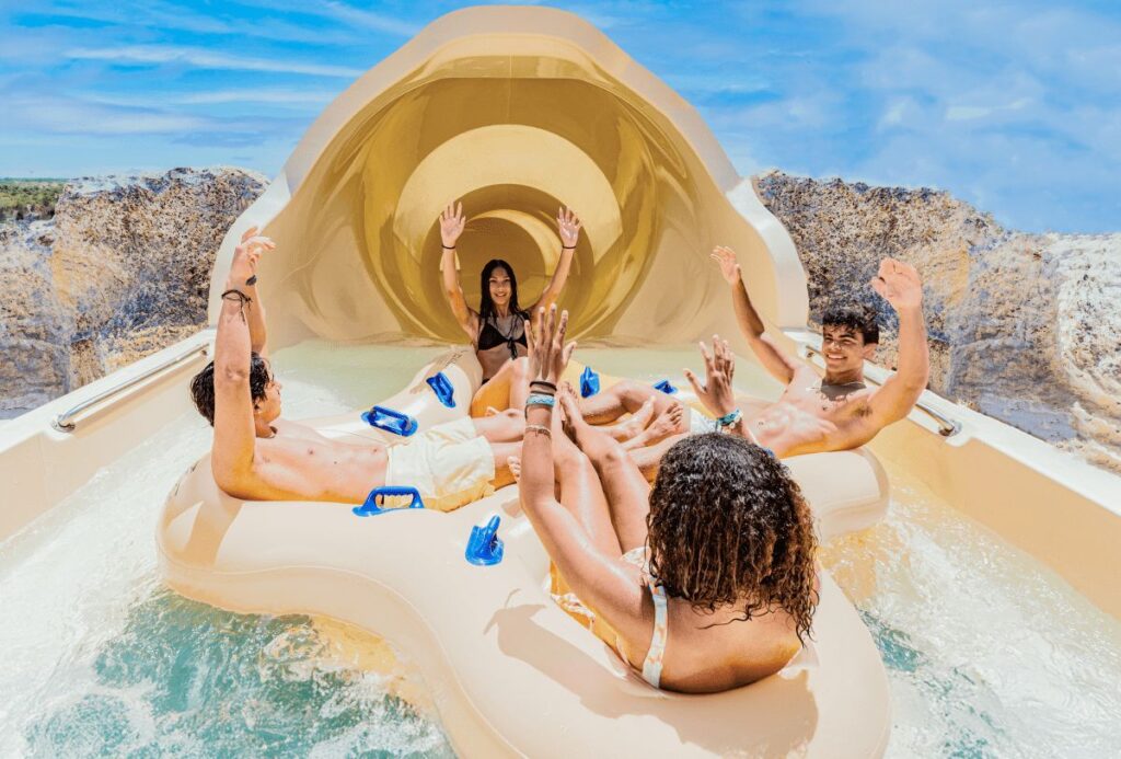 View of water slides and pools at El Dorado Water Park